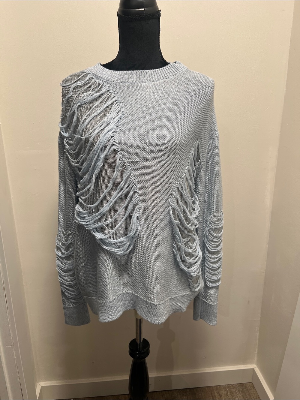 Zara Light Blue Fringe Crew Neck Sweater NWT